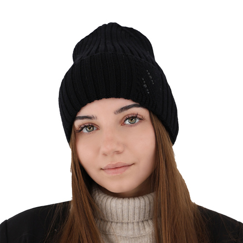 Berretto invernale donna, nero, 100% Lana Merino, Ariga