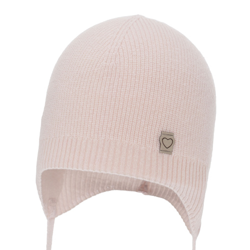 Berretto autunno/primavera bambina, rosa, lana merino con cashmere, con lacci, Orida