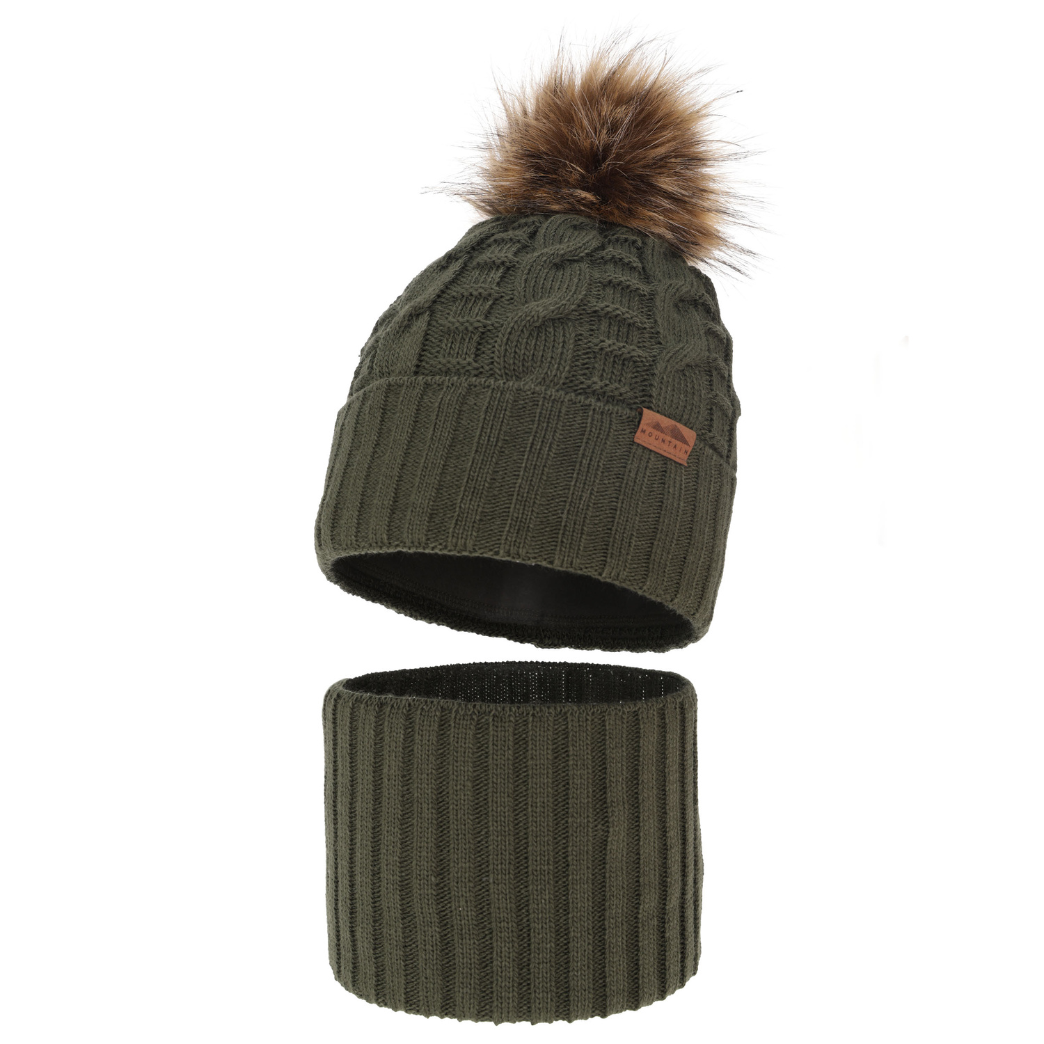 Set invernale bambino: berretto e scaldacollo, khaki, con pompon, Cent
