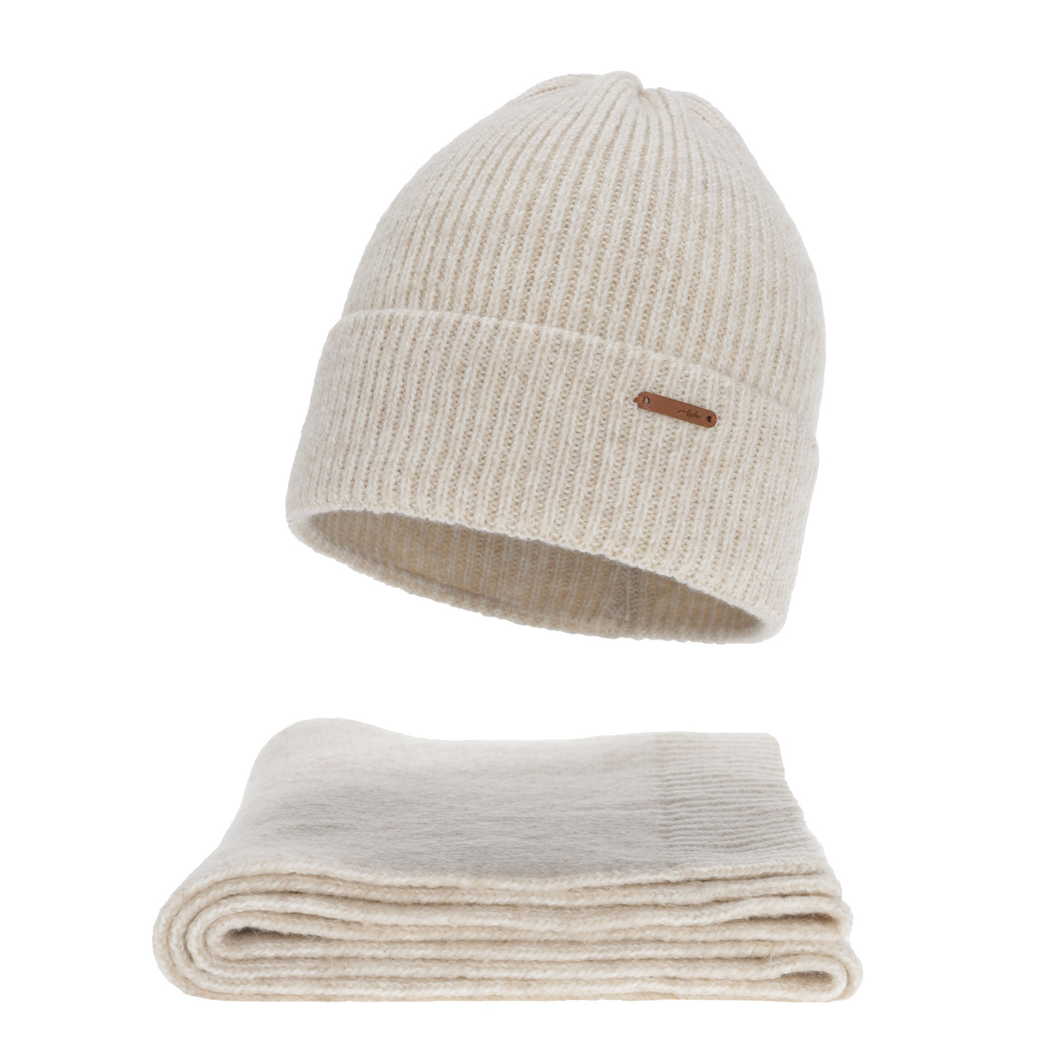 Set invernale donna: berretto e sciarpa, beige chiaro, con lana merino, Seala