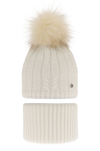 Set invernale bambina: berretto e scaldacollo, crema, con pompon, Amaltea