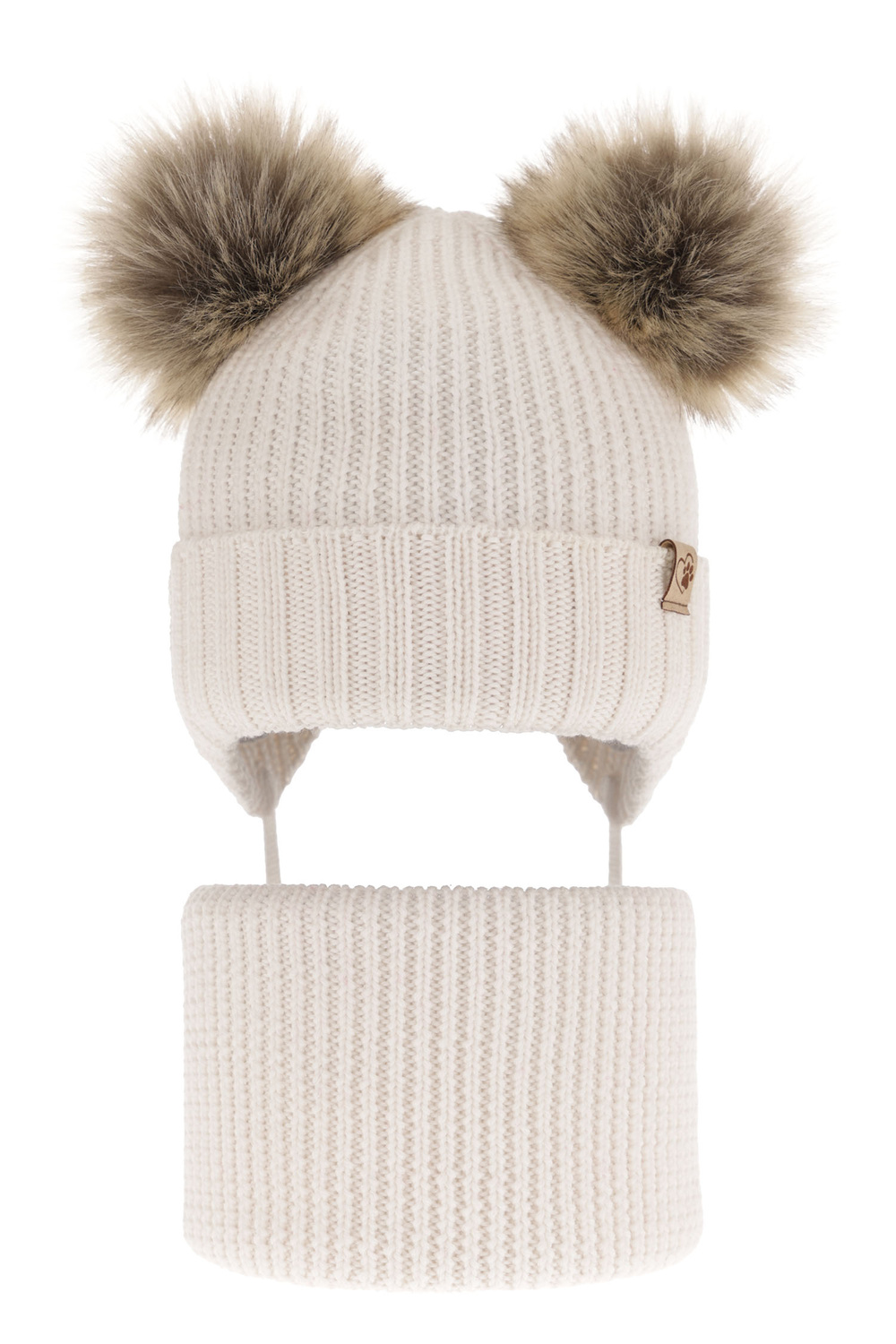 Set invernale bambina: berretto e scaldacollo, bianco, 100% Lana Merino, con lacci, con due pon pon, Silvia