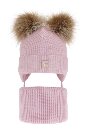 Set invernale bambina: berretto e scaldacollo, lilla, con due pon pon, con lacci, Kiara