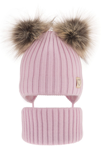Set invernale bambina: berretto e scaldacollo, rosa, con due pon pon, con lacci, Telisa