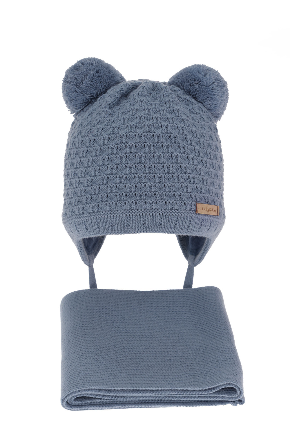 Set invernale bambino: berretto e sciarpa, blu, con due pon pon, con lacci, Franki