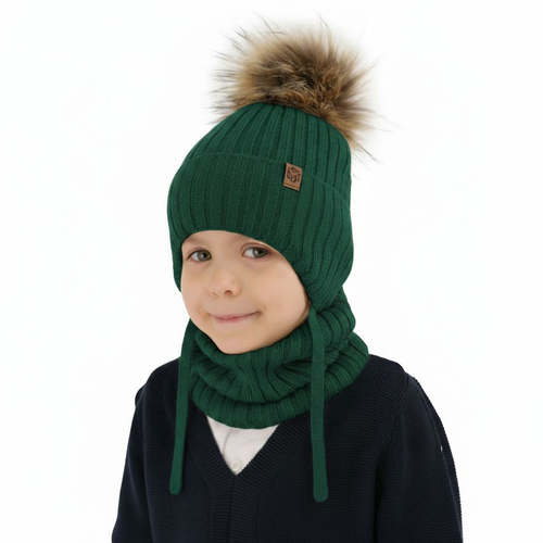 Set invernale bambino: berretto e scaldacollo, verde, 100% Lana Merino, con lacci, Juno