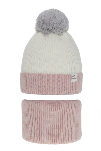 Set invernale bambina: berretto e scaldacollo, rosa, con pompon, Rosalin