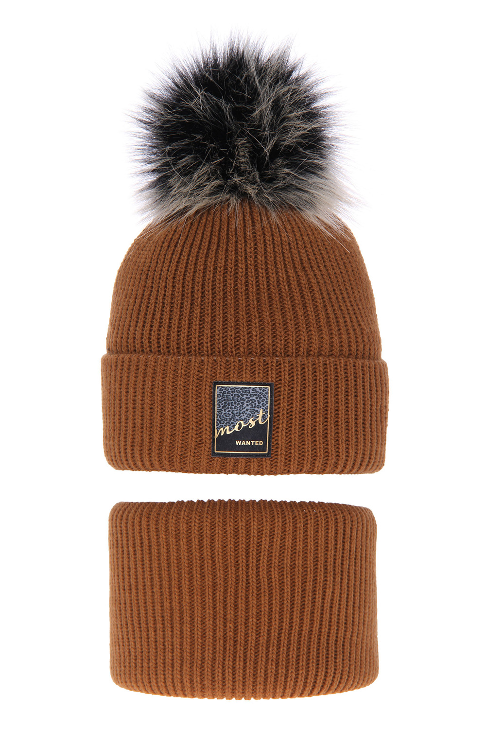 Set invernale bambina: berretto e scaldacollo, marrone, con pompon, Sycylia