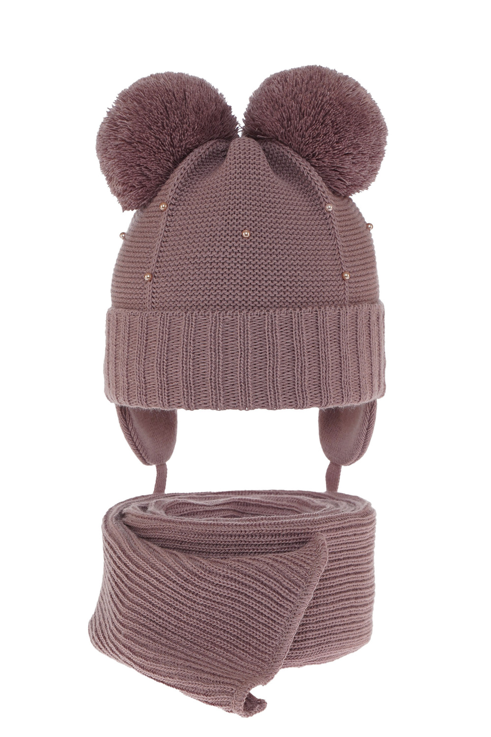 Set invernale bambina: berretto e sciarpa, lilla, con due pon pon, con lacci, Fibien