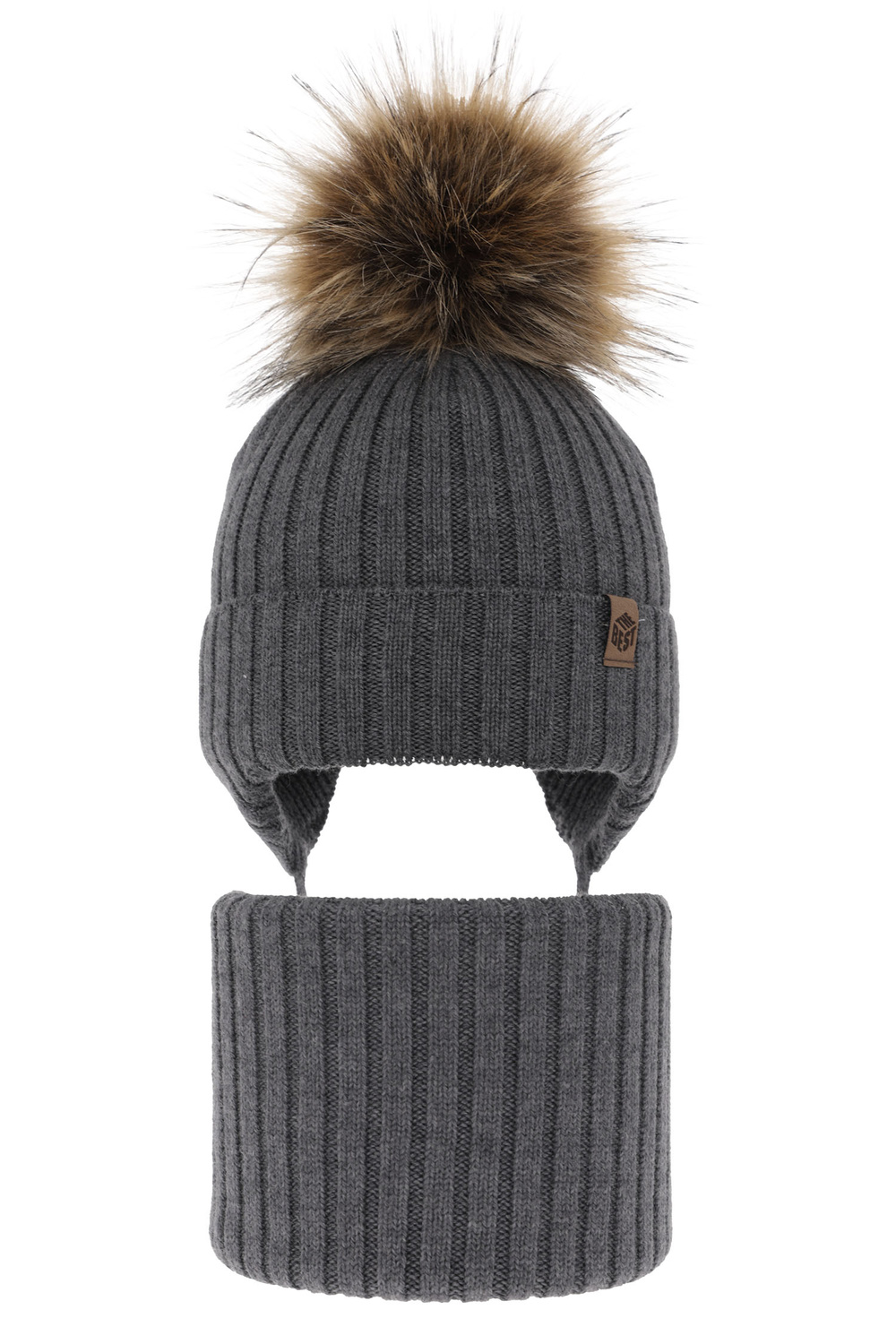 Set invernale bambino: berretto e scaldacollo, grigio, 100% Lana Merino, con lacci, Juno