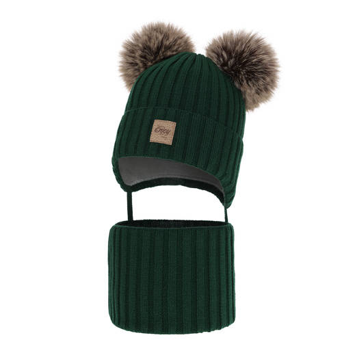 Set invernale bambino: berretto e scaldacollo, verde, con due pon pon, con lacci, Orange