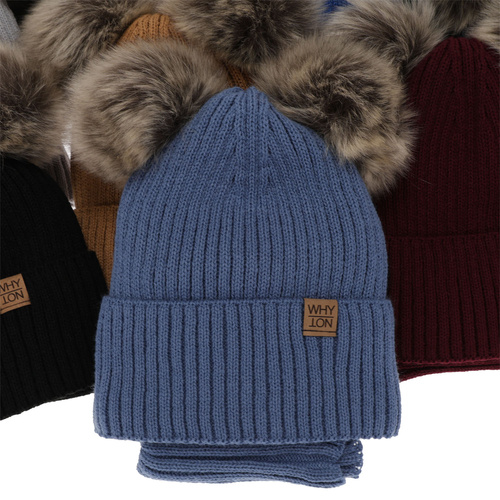 Set invernale bambino: berretto e scaldacollo, blu scuro, con due pon pon, Oxford