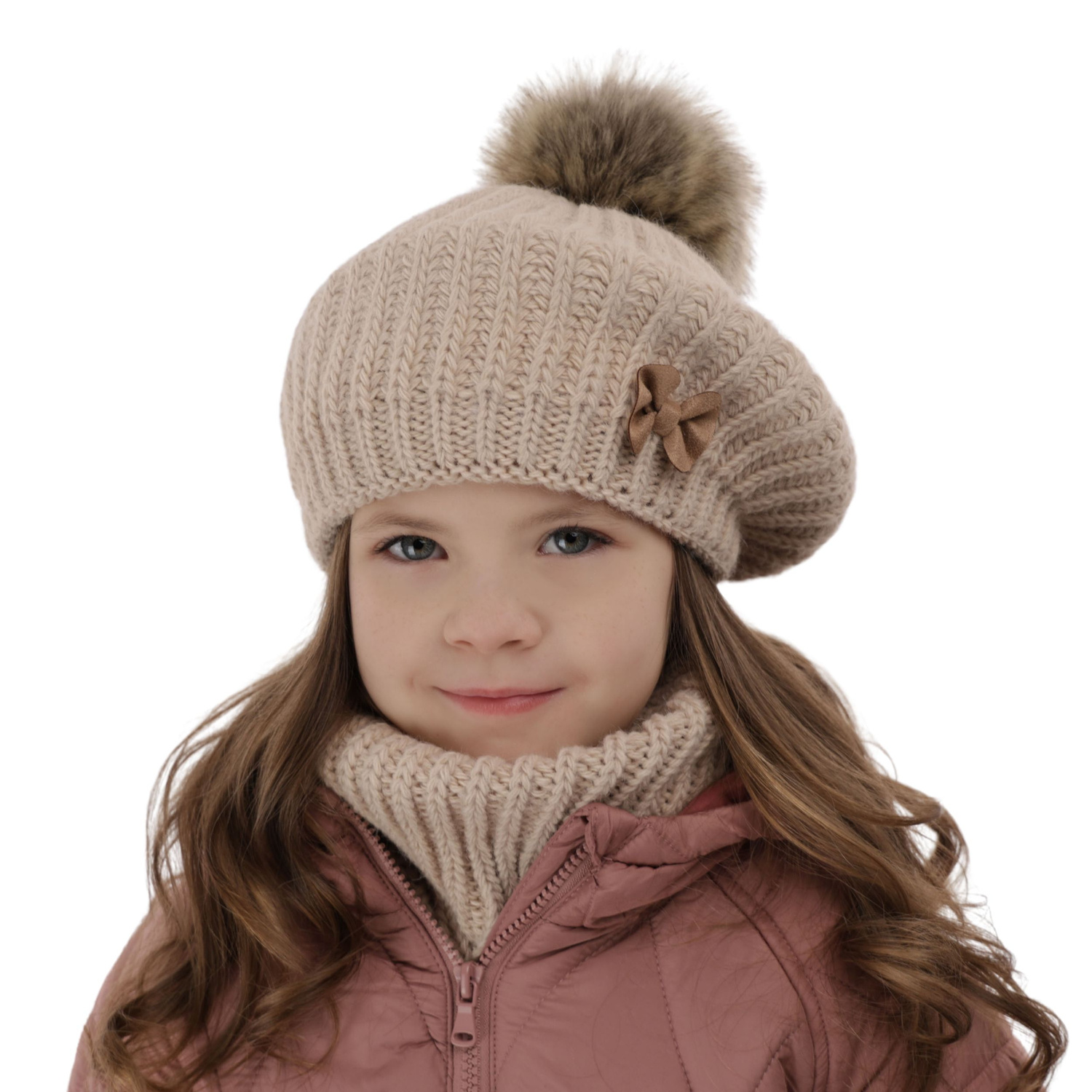 Set invernale bambina: berretto e scaldacollo, beige, con pompon, Polinezja