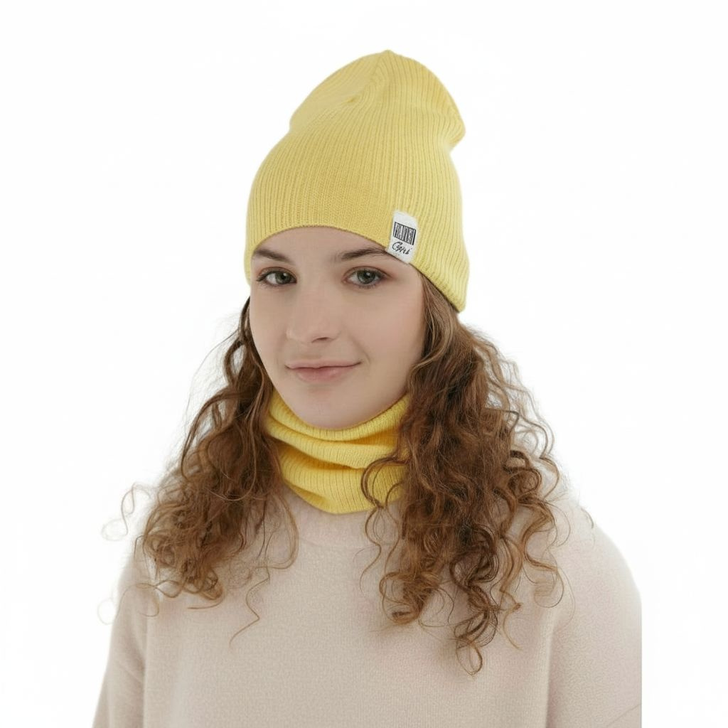 Set autunno/primavera bambina: berretto e scaldacollo, con cotone, giallo, Farinka