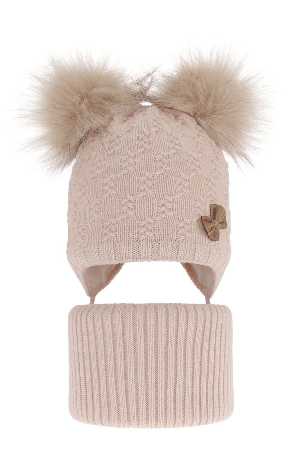 Set invernale bambina: berretto e scaldacollo, rosa, con due pon pon, con lacci, Bettina