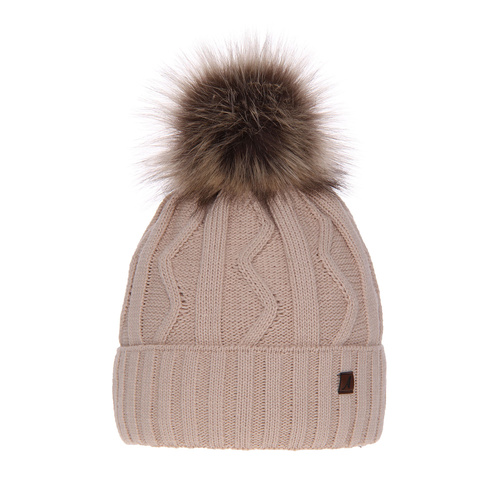 Berretto invernale donna, beige, con pompon, Renika