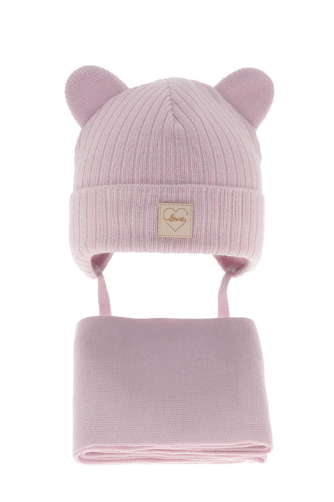 Set invernale bambina: berretto e sciarpa, liliowy, con lacci, Antola