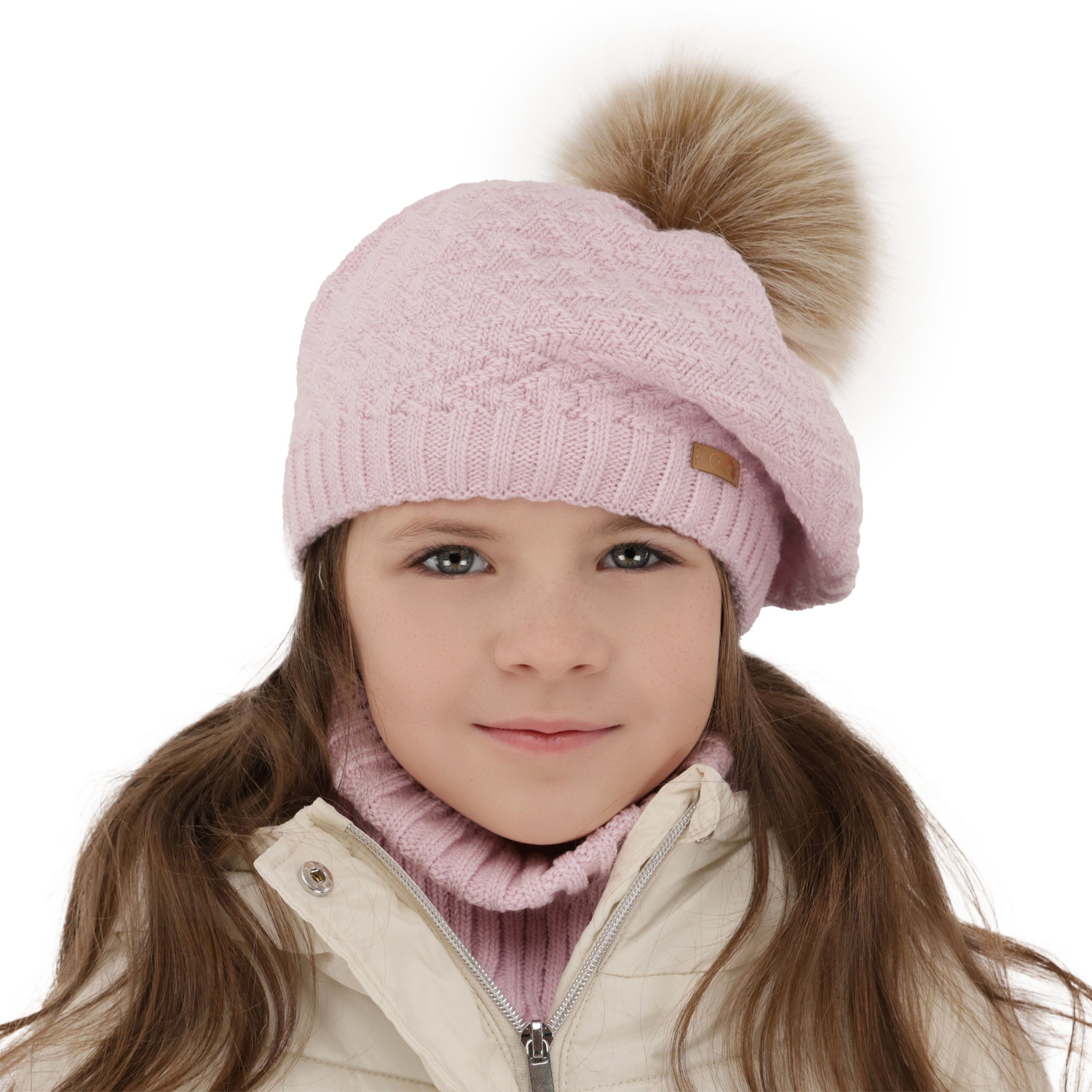 Set invernale bambina: berretto e scaldacollo, crema, con pompon, Atene