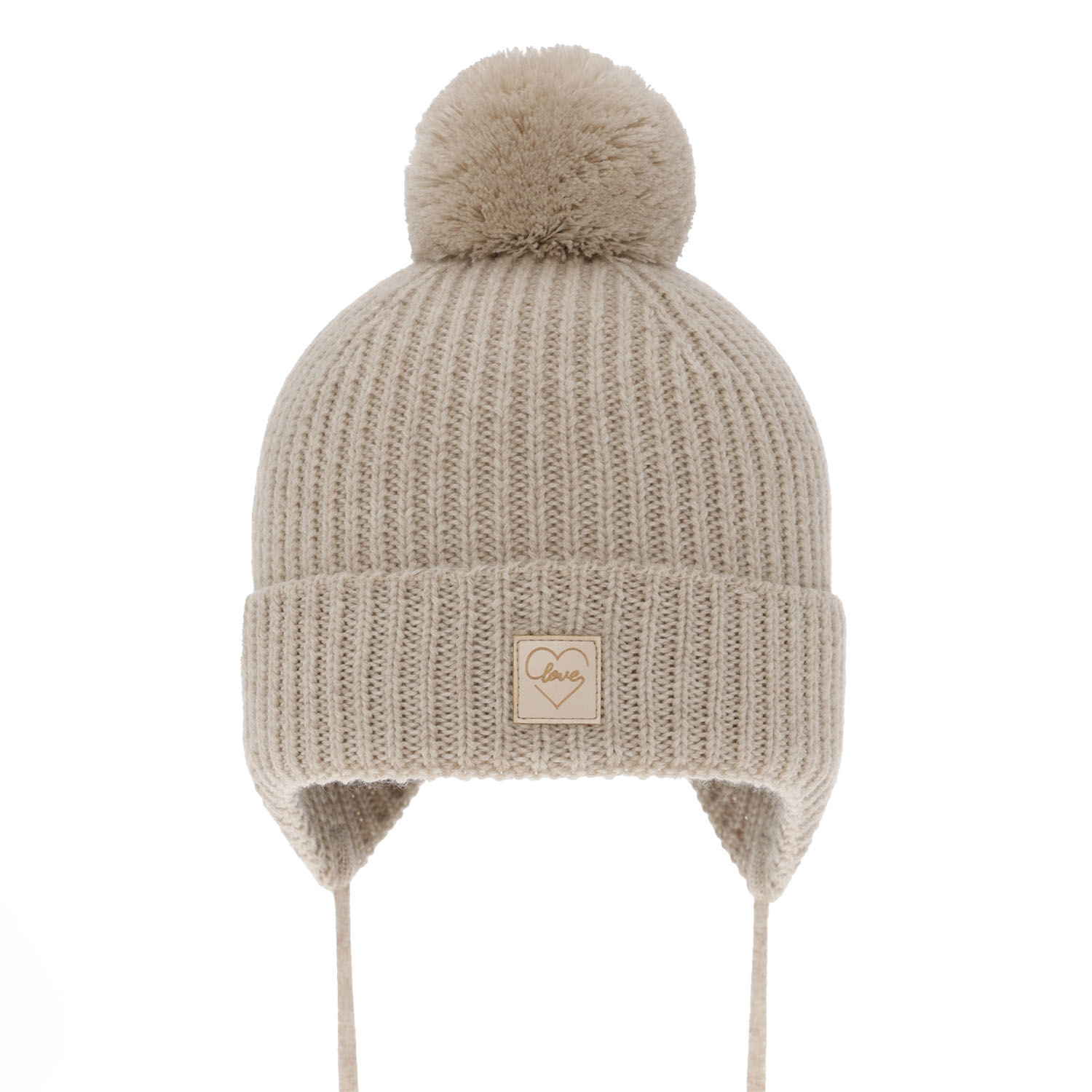 Berretto invernale bambina, beige, con pompon, 100% Lana Merino, foderato in pile, con lacci, Hakkari