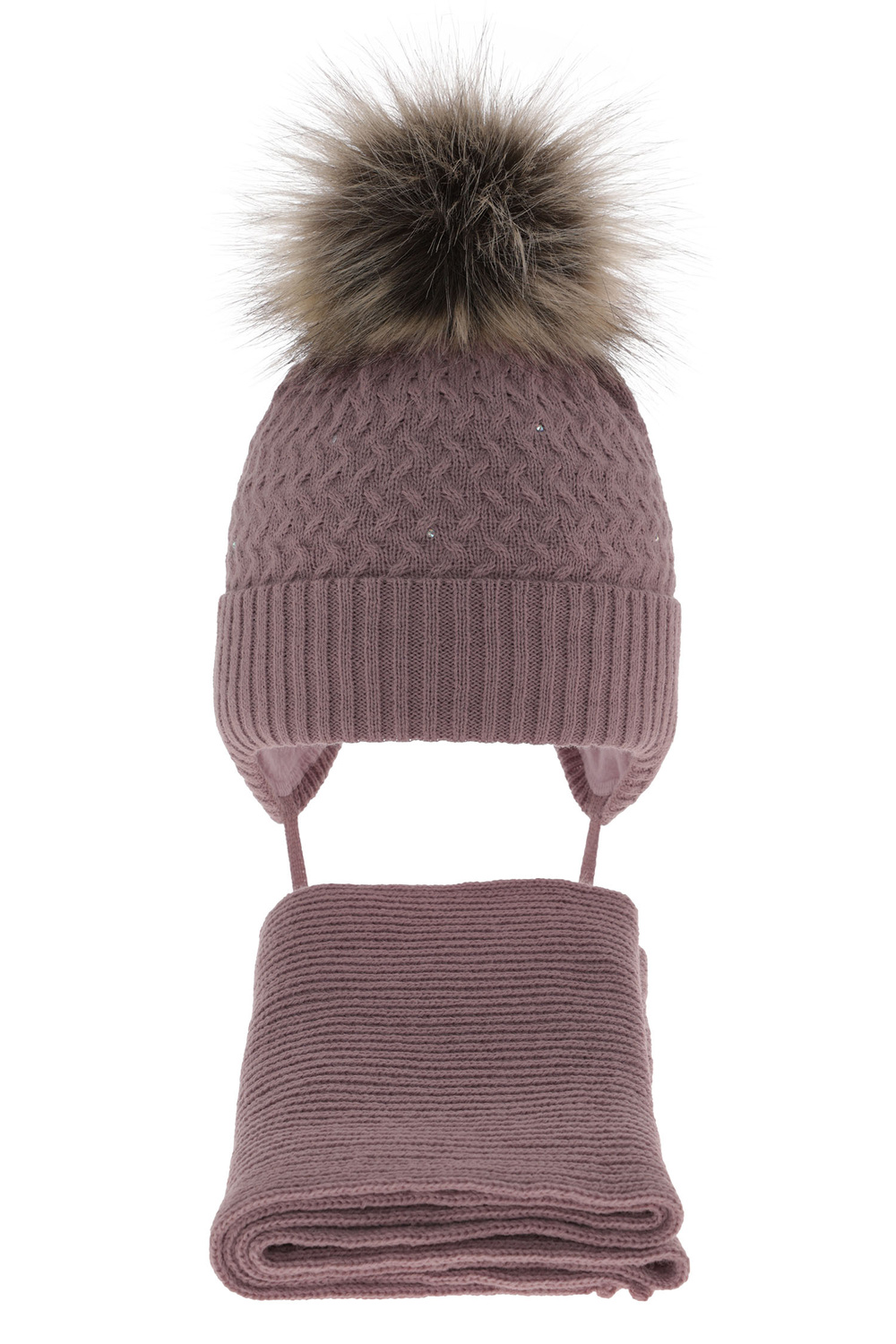 Set invernale bambina: berretto e sciarpa, wrzosowy, con pompon, con lacci, Zelta