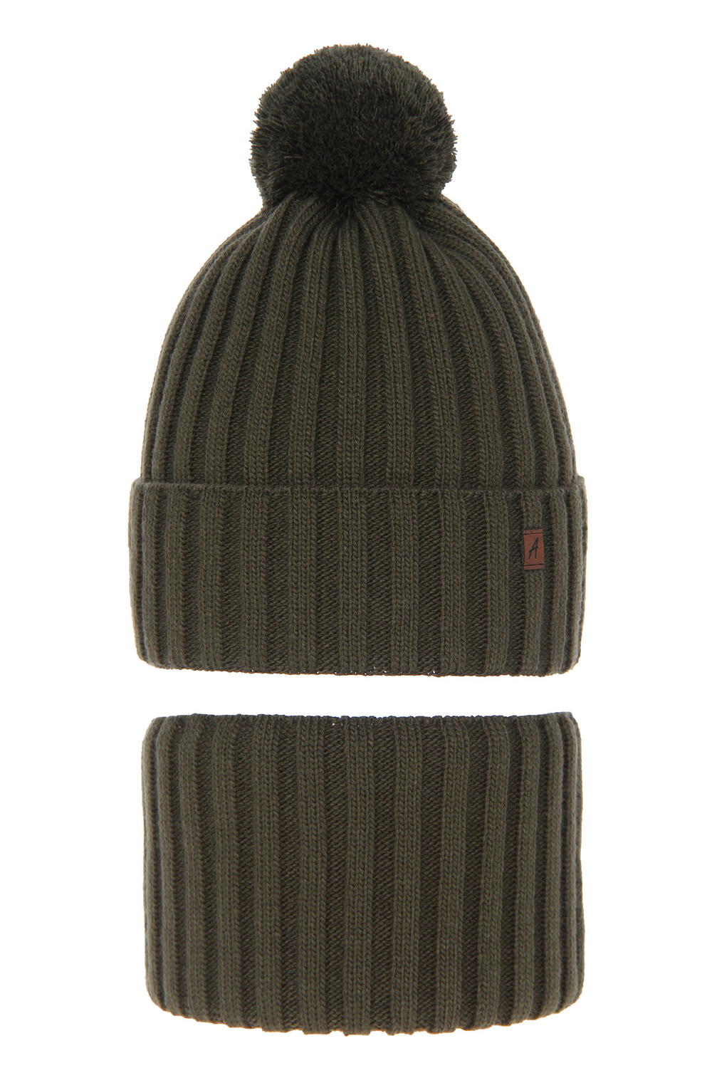 Set invernale bambino: berretto e scaldacollo, khaki, con pompon, Wiliam