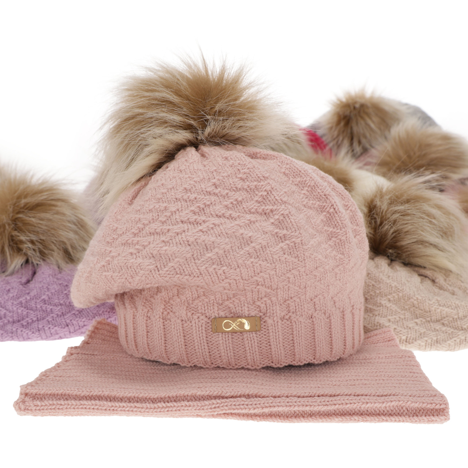 Set invernale bambina: berretto e scaldacollo, beige, con pompon, Atene