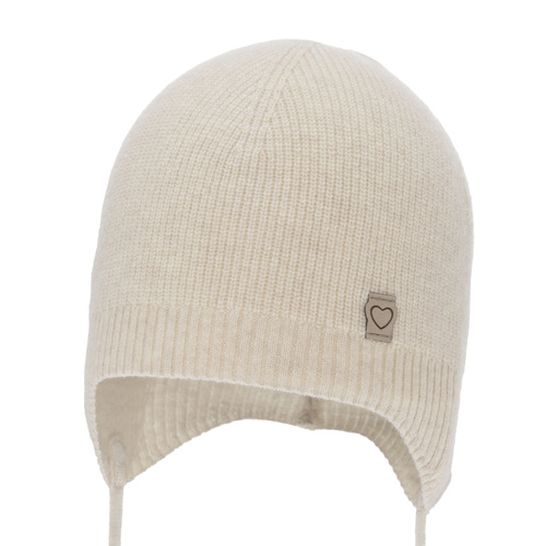Berretto autunno/primavera bambina, beige scuro, lana merino con cashmere, con lacci, Orida