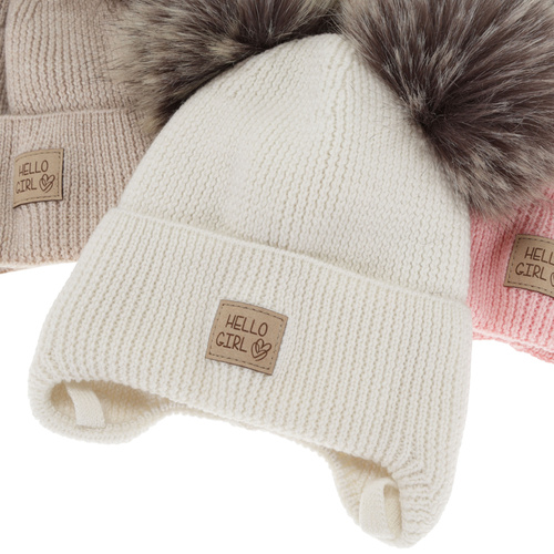 Berretto invernale bambina, bianco, 100% Lana Merino, foderato in pile di lana, con lacci, Trudina