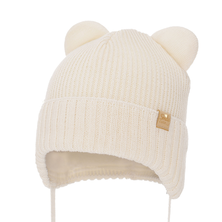 Berretto invernale bambina, crema, con lacci, 100% Lana Merino, Shira