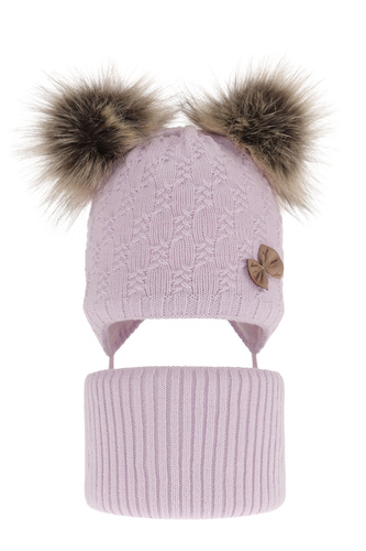 Set invernale bambina: berretto e scaldacollo, liliowy, con due pon pon, con lacci, Bettina