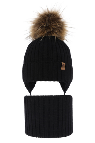 Set invernale bambino: berretto e scaldacollo, nero, 100% Lana Merino, con lacci, Juno