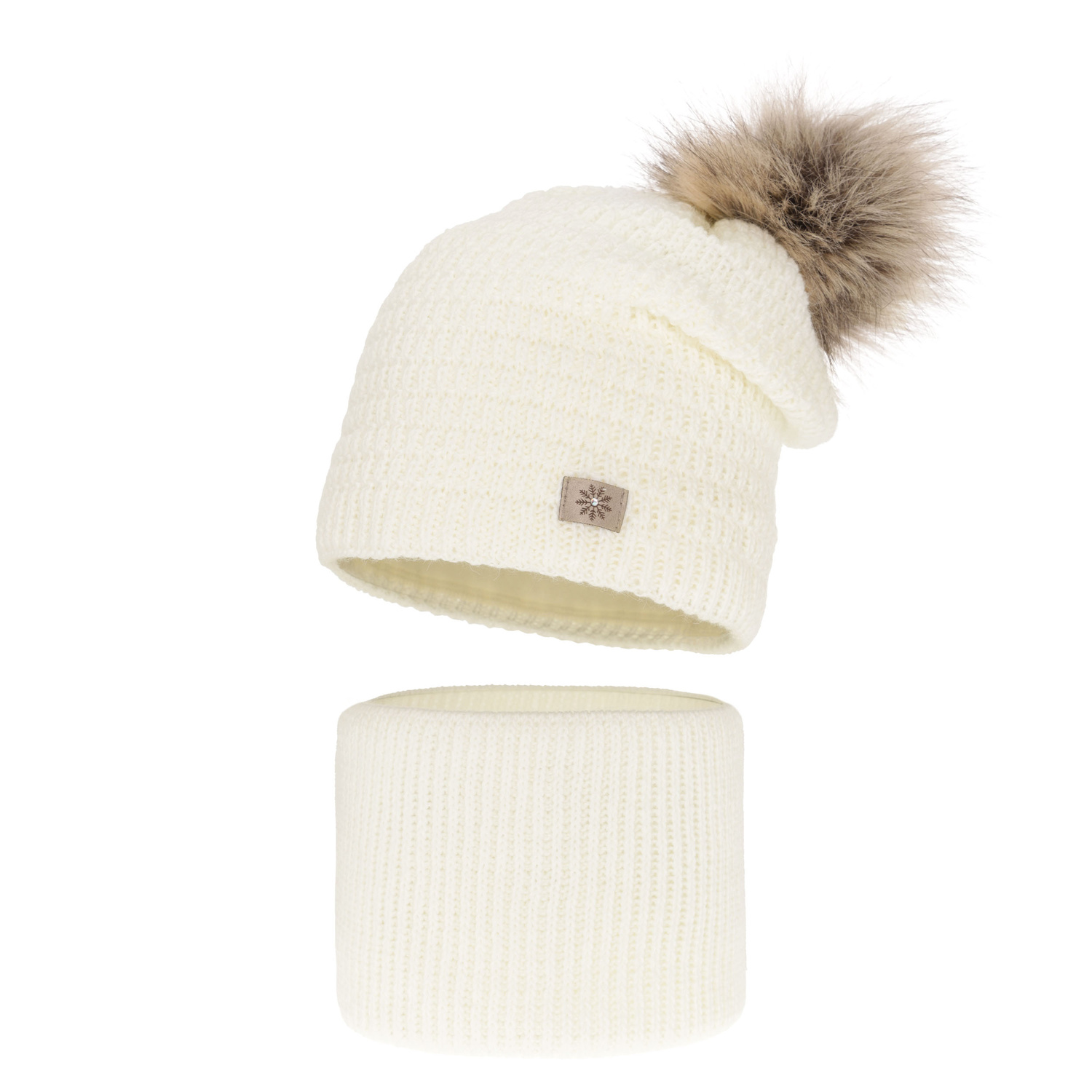 Set invernale bambina: berretto e scaldacollo, crema, con pompon, Germina