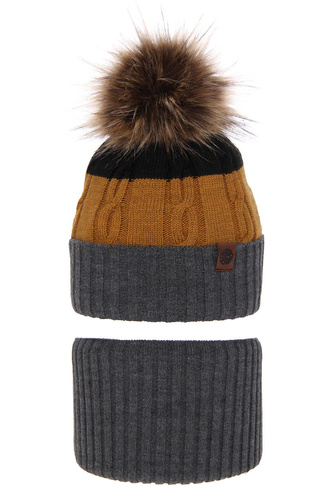 Set invernale bambino: berretto e scaldacollo, grigio, con pompon, Karmel