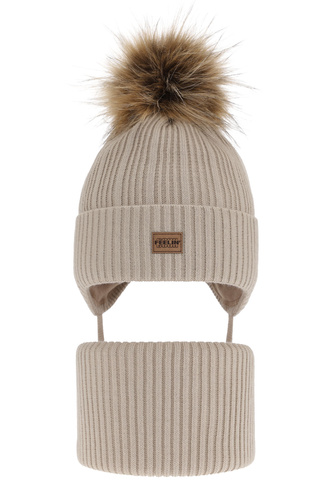 Set invernale bambino: berretto e scaldacollo, beige, con pompon, Eger