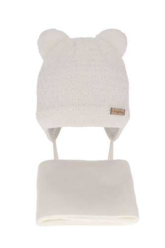 Set invernale bambino: berretto e sciarpa, bianco, con due pon pon, con lacci, Franki