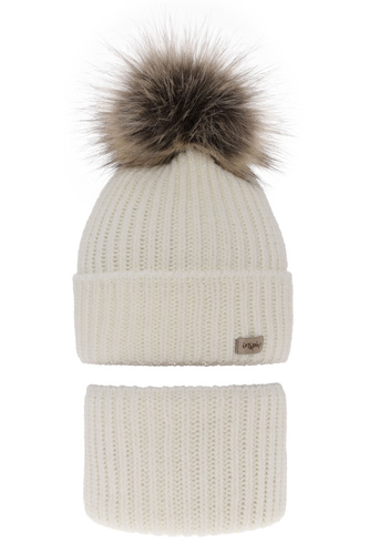 Set invernale bambina: berretto e scaldacollo, crema, con pompon, Willow