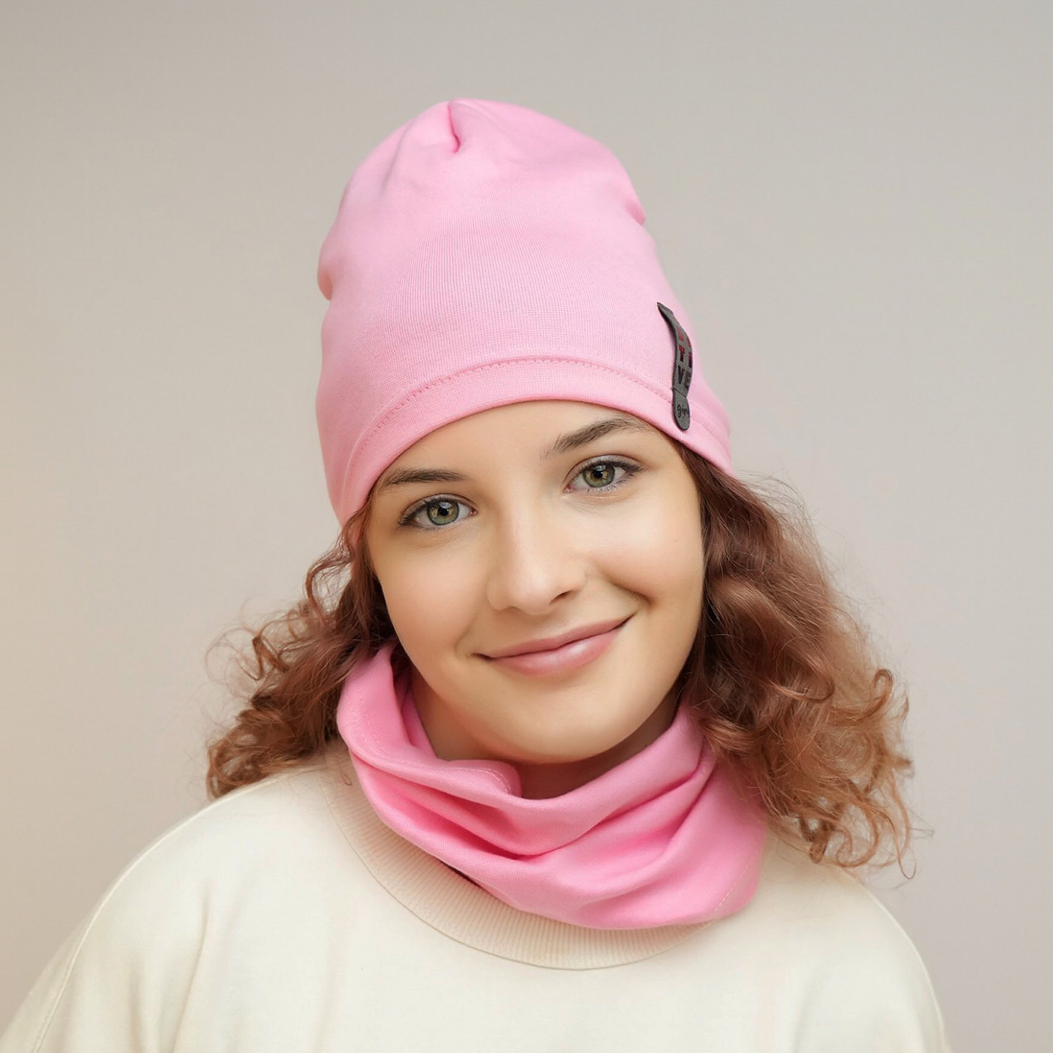 Set autunno/primavera bambina: berretto e scaldacollo, lilla, in cotone, Flores