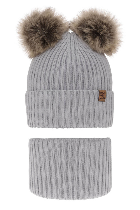 Set invernale bambino: berretto e scaldacollo, grigio chiaro, con due pon pon, Oxford