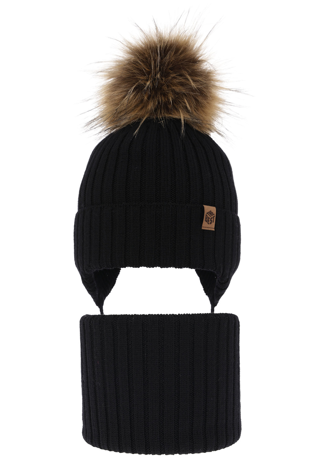 Set invernale bambino: berretto e scaldacollo, nero, 100% Lana Merino, con lacci, Juno