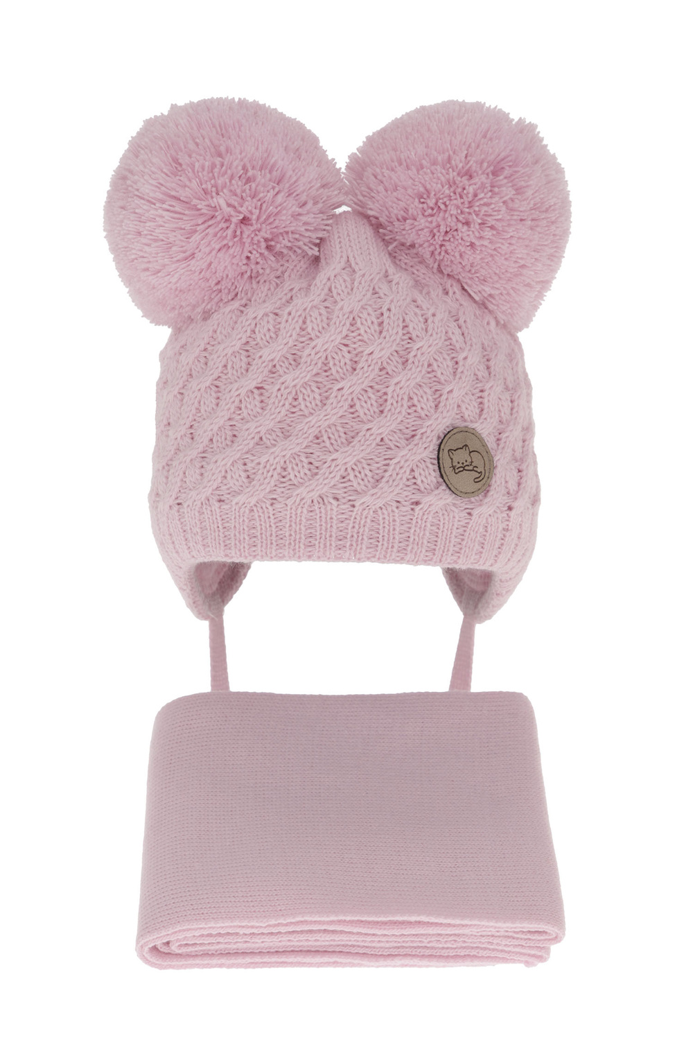 Set invernale bambina: berretto e sciarpa, lilla, con due pon pon, con lacci, Anava