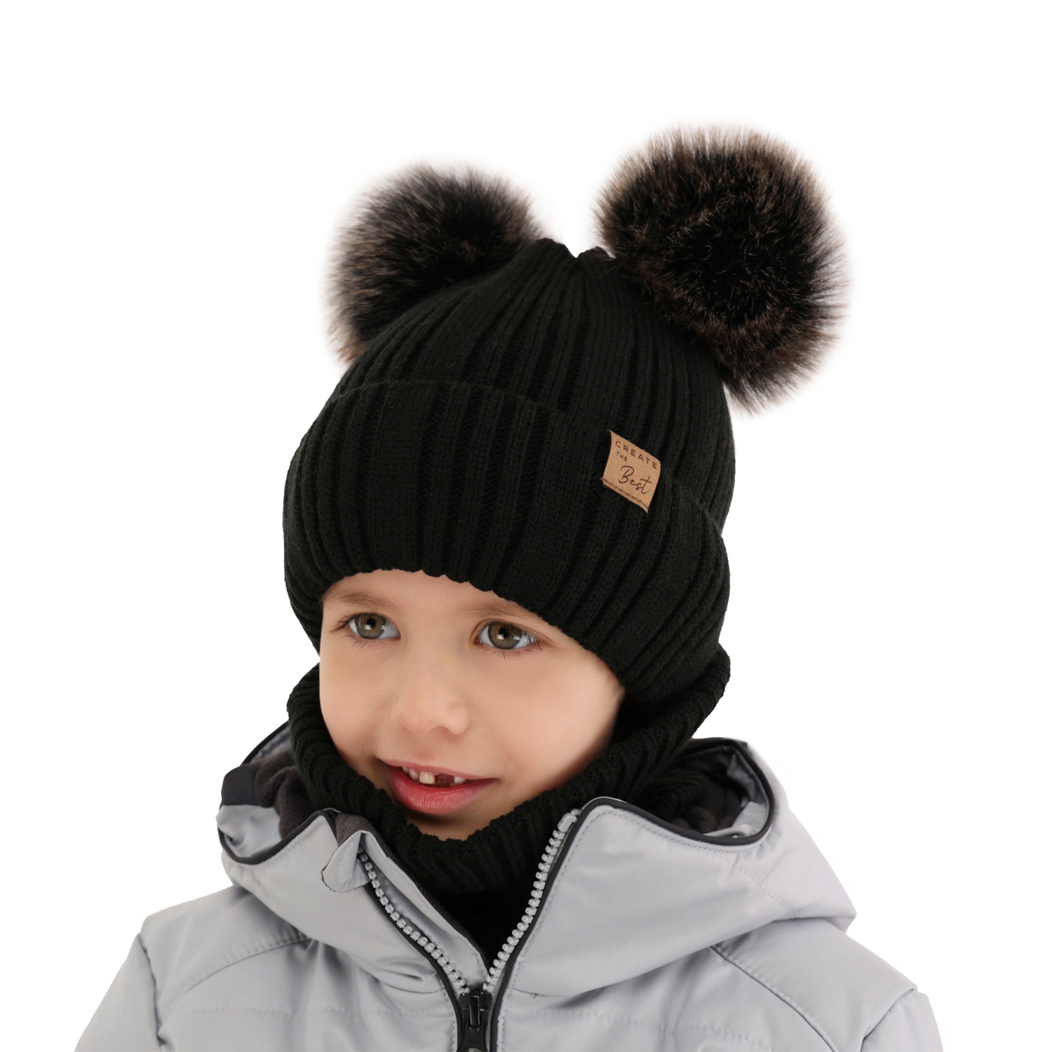 Set invernale bambino: berretto e scaldacollo, grigio chiaro, con due pon pon, Bilard