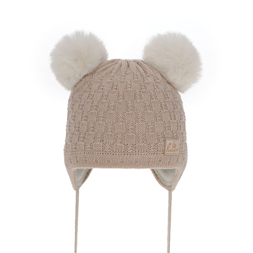 Berretto invernale bambina, beige, con pompon, Emila