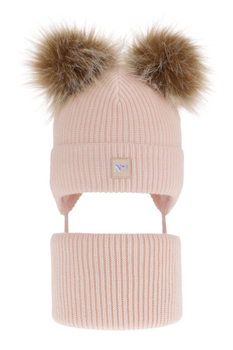 Set invernale bambina: berretto e scaldacollo, rosa, con due pon pon, con lacci, Kiara