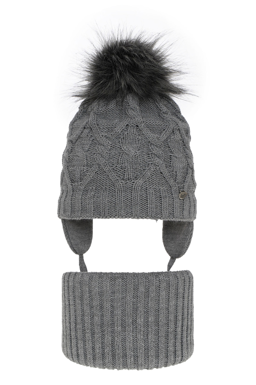 Set invernale bambina: berretto e scaldacollo, grigio, con pompon, con lacci, Elena
