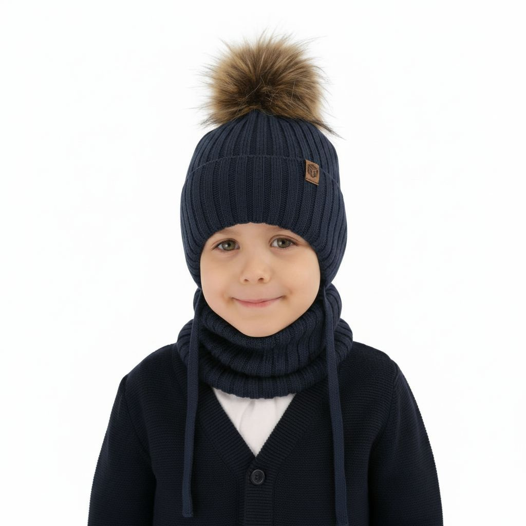 Set invernale bambino: berretto e scaldacollo, blu, con lacci, 100% Lana Merino, Juno