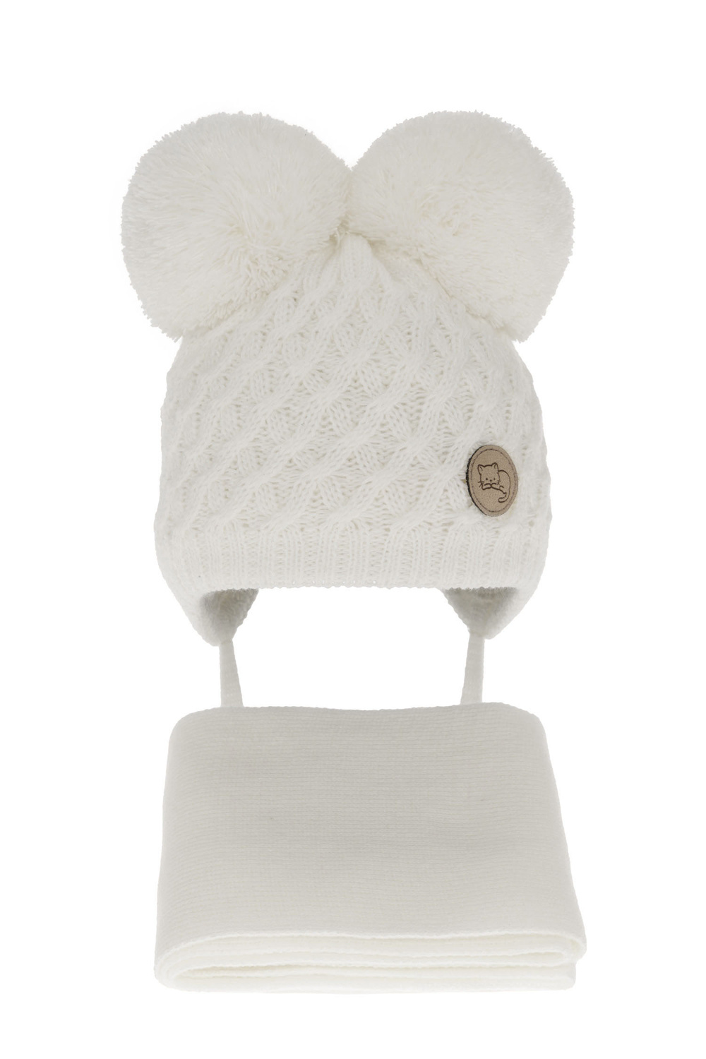 Set invernale bambina: berretto e sciarpa, bianco, con due pon pon, con lacci, Anava