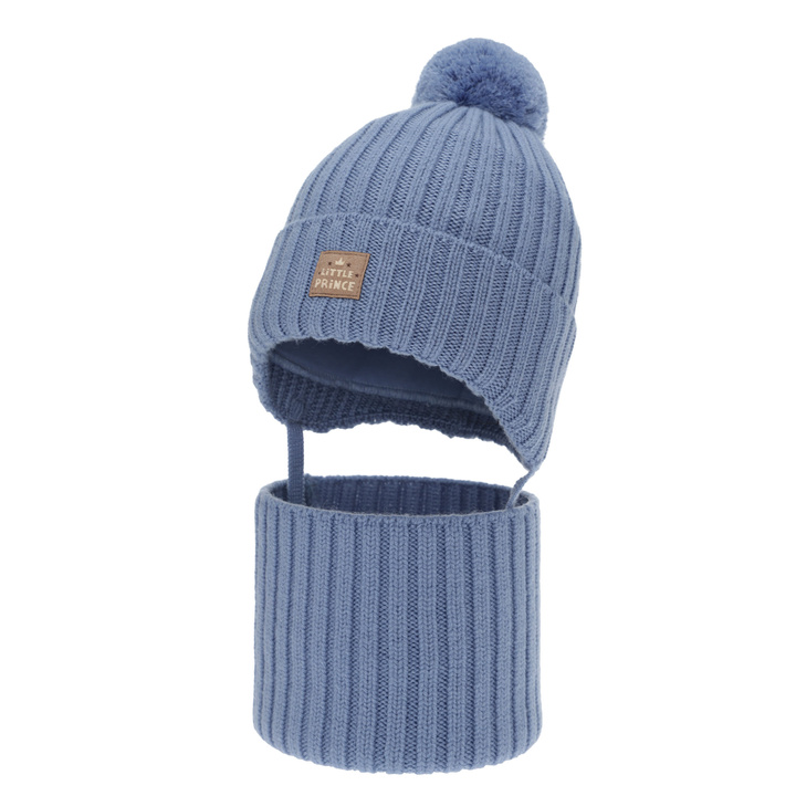 Set invernale bambino (berretto e scaldacollo), blu, 100% Lana Merino, foderato in cotone, con lacci, Masil