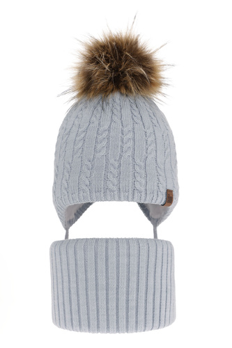 Set invernale bambino: berretto e scaldacollo, azzurro, con pompon, con lacci, Indigo