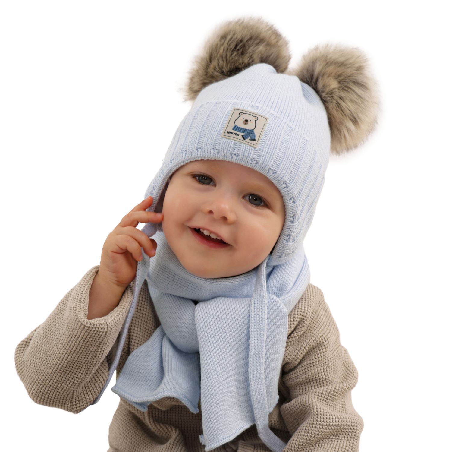 Set invernale bambino: berretto e sciarpa, azzurro, con due pon pon, con lacci, Jewel