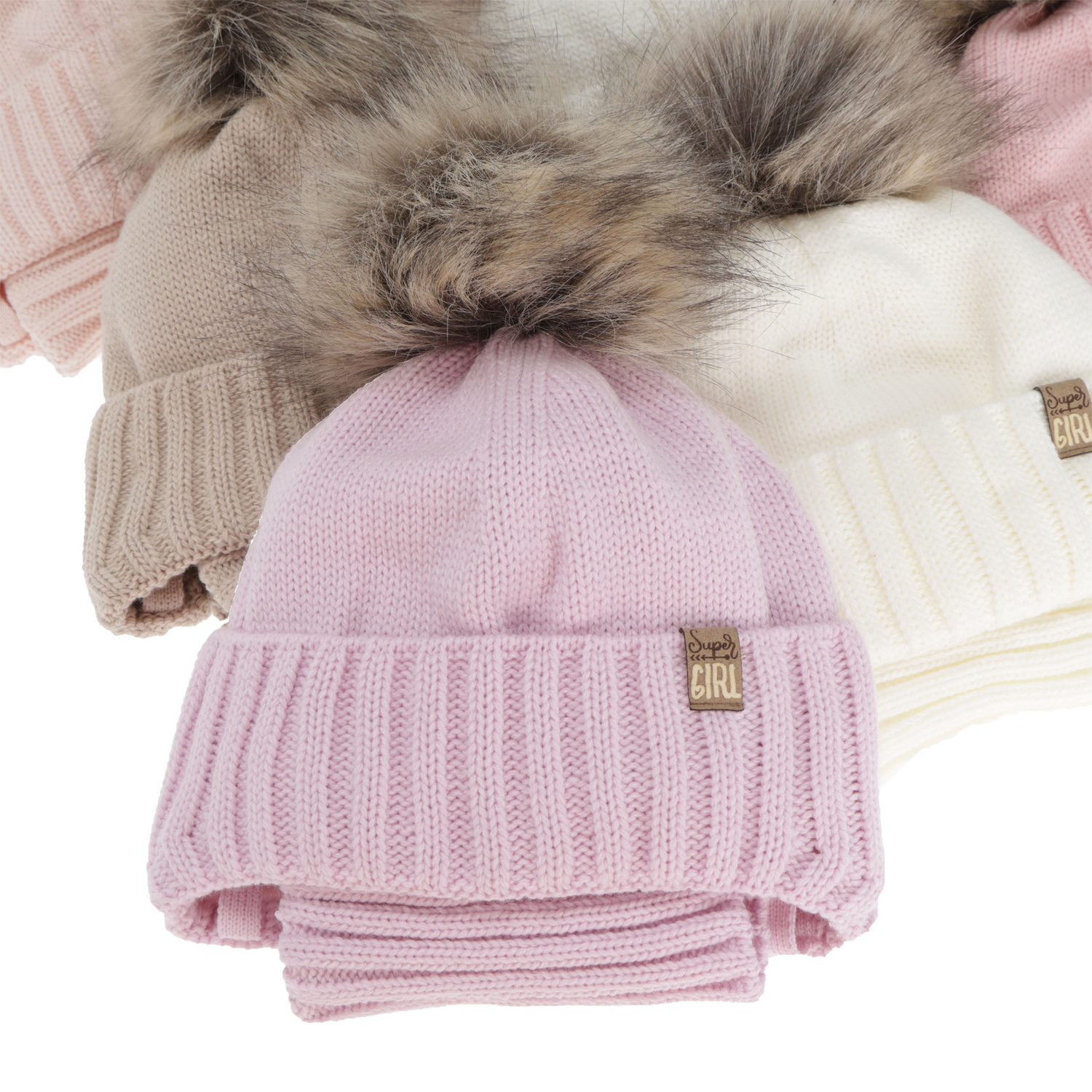 Set invernale bambina (berretto e scaldacollo), crema, con pompon, Primula